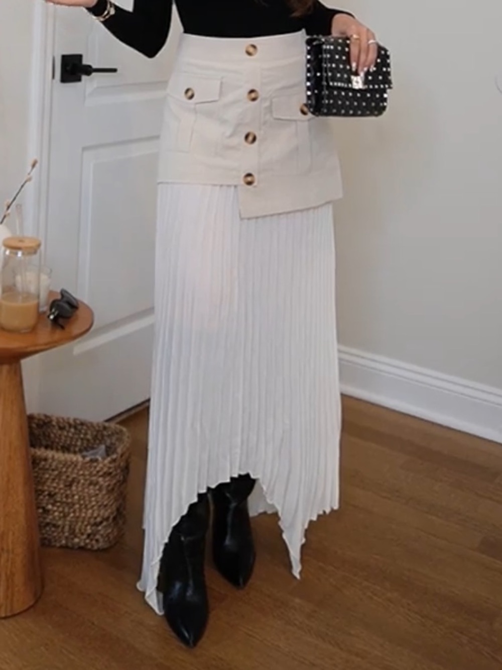 Commense Cream Layered Button-Pleat Maxi Skirt